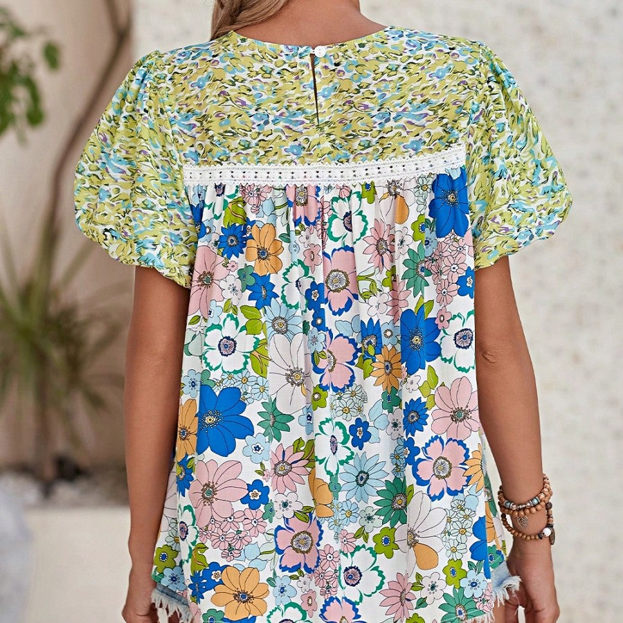 Boho Retro Green Floral Crochet Trimmed Viscose Back Pleated 60's Viscose Soft Top Shirt Blouse