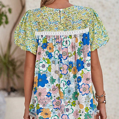 Boho Retro Green Floral Crochet Trimmed Viscose Back Pleated 60's Viscose Soft Top Shirt Blouse