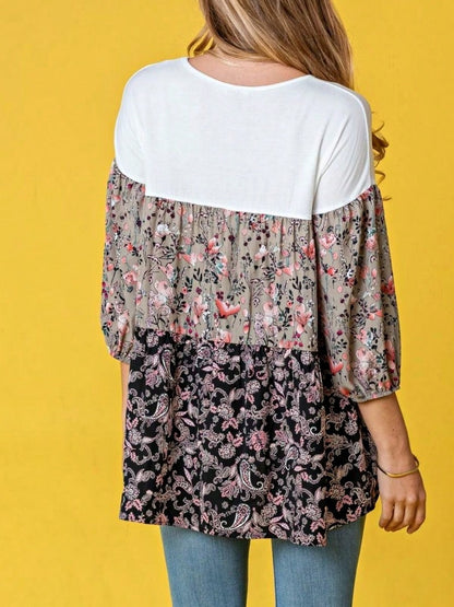 Boho Retro Beige Pink Khaki Black Color Block Oriental Geo 60's Tiered Tunic Top Shirt Blouse | Small-3 XL