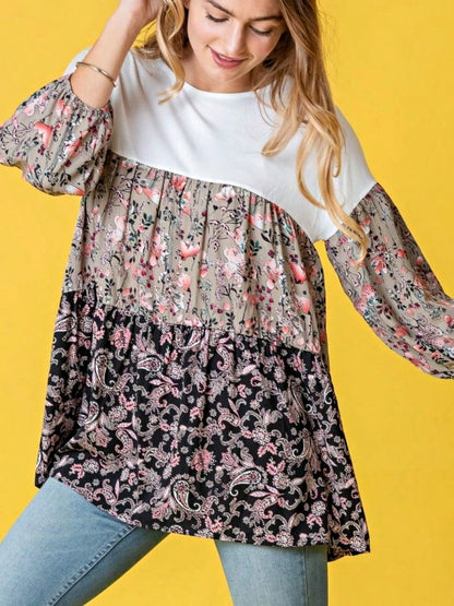 Boho Retro Beige Pink Khaki Black Color Block Oriental Geo 60's Tiered Tunic Top Shirt Blouse | Small-3 XL