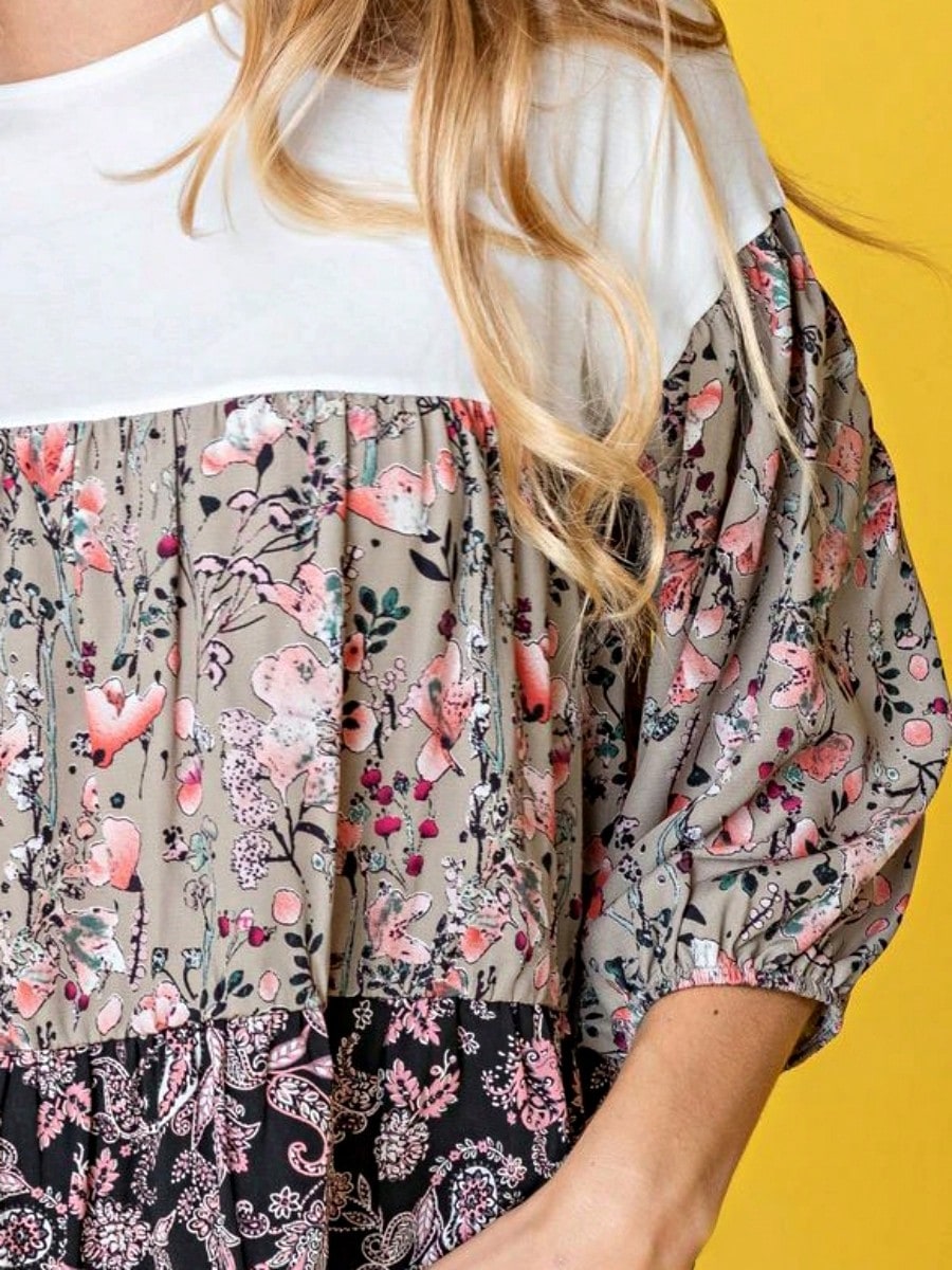Boho Retro Beige Pink Khaki Black Color Block Oriental Geo 60's Tiered Tunic Top Shirt Blouse | Small-3 XL