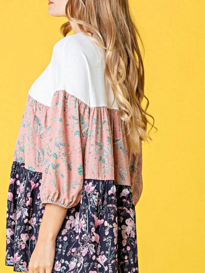 Boho Retro Beige Pink Khaki Black Color Block Oriental Geo 60's Tiered Tunic Top Shirt Blouse | Small-3 XL