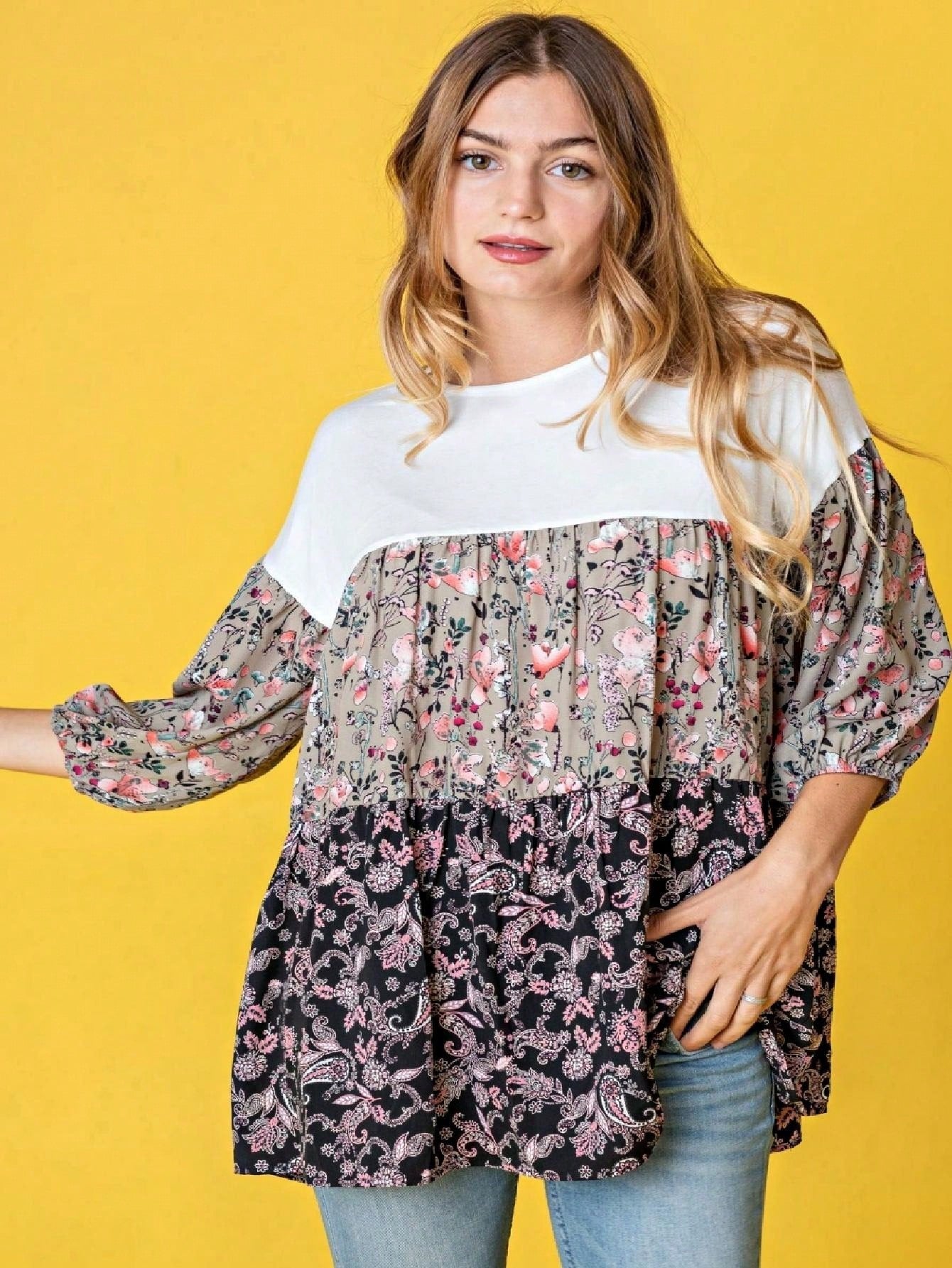Boho Retro Beige Pink Khaki Black Color Block Oriental Geo 60's Tiered Tunic Top Shirt Blouse | Small-3 XL