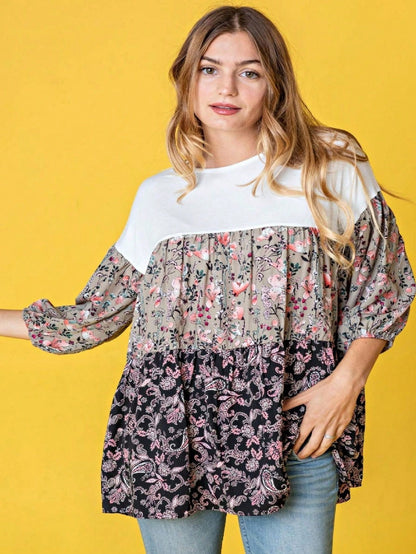 Boho Retro Beige Pink Khaki Black Color Block Oriental Geo 60's Tiered Tunic Top Shirt Blouse | Small-3 XL