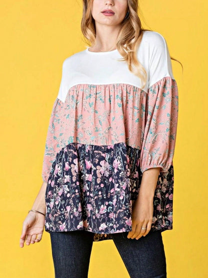Boho Retro Beige Pink Khaki Black Color Block Oriental Geo 60's Tiered Tunic Top Shirt Blouse | Small-3 XL
