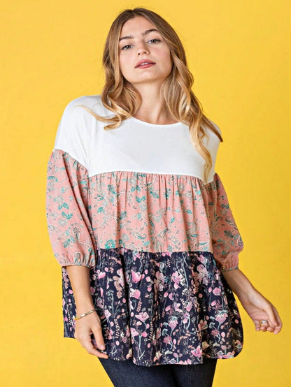 Boho Retro Beige Pink Khaki Black Color Block Oriental Geo 60's Tiered Tunic Top Shirt Blouse | Small-3 XL
