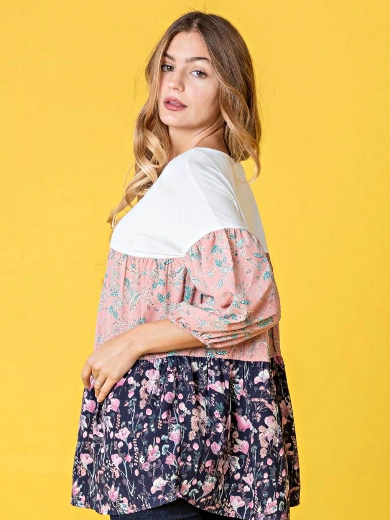 Boho Retro Beige Pink Khaki Black Color Block Oriental Geo 60's Tiered Tunic Top Shirt Blouse | Small-3 XL