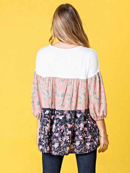 Boho Retro Beige Pink Khaki Black Color Block Oriental Geo 60's Tiered Tunic Top Shirt Blouse | Small-3 XL