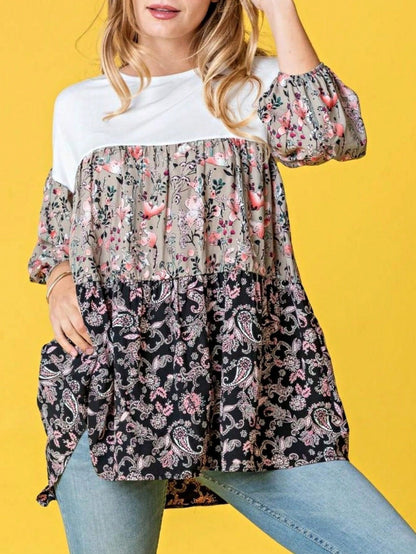 Boho Retro Beige Pink Khaki Black Color Block Oriental Geo 60's Tiered Tunic Top Shirt Blouse | Small-3 XL