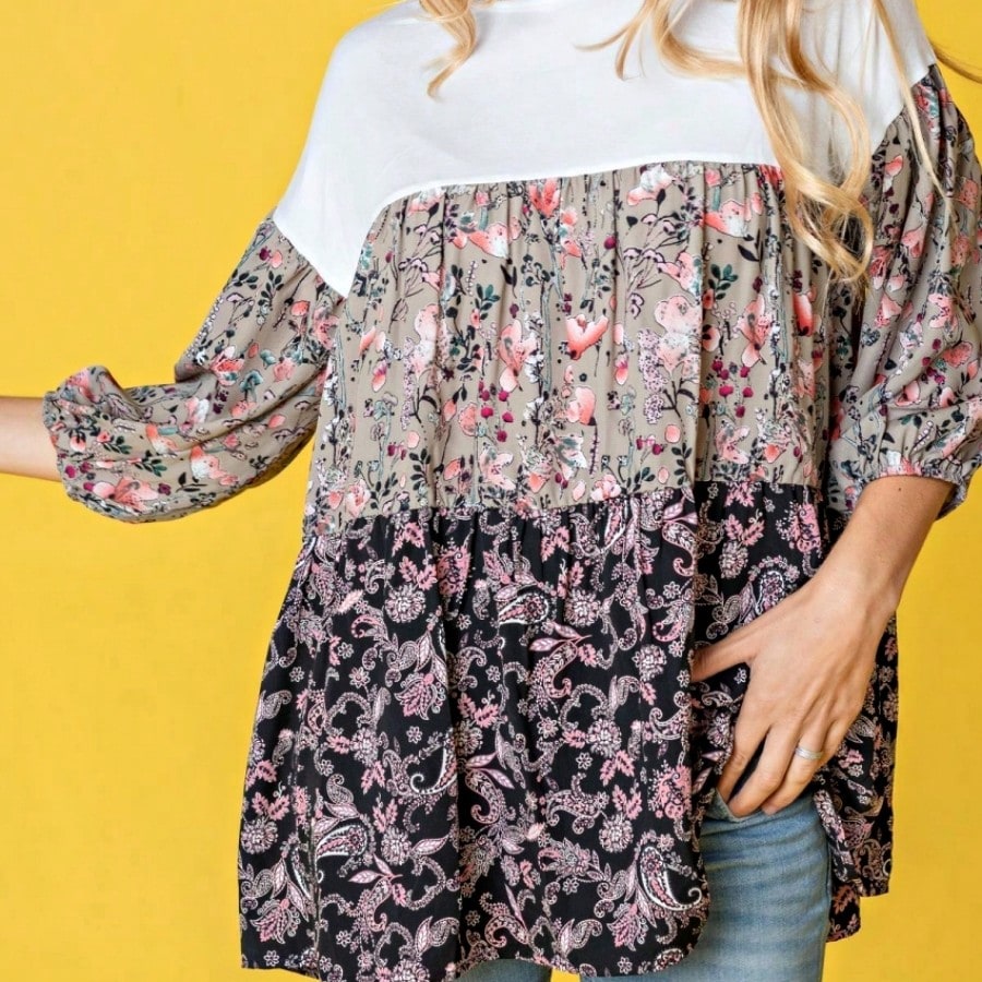 Boho Retro Beige Pink Khaki Black Color Block Oriental Geo 60's Tiered Tunic Top Shirt Blouse | Small-3 XL
