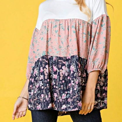 Boho Retro Beige Pink Khaki Black Color Block Oriental Geo 60's Tiered Tunic Top Shirt Blouse | Small-3 XL