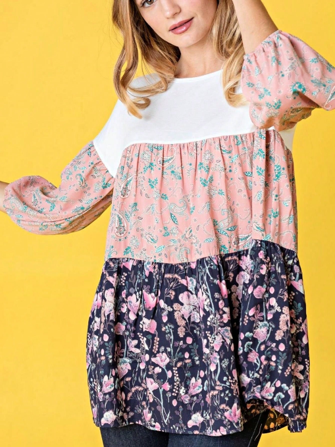 Boho Retro Beige Pink Khaki Black Color Block Oriental Geo 60's Tiered Tunic Top Shirt Blouse | Small-3 XL