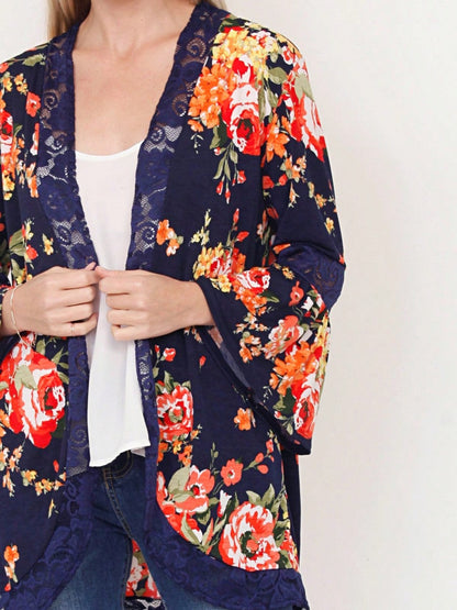 Boho Retro Navy Orange Floral Lace Bell Sleeve Light Weight Slouch Kimono Cardigan Cover Up