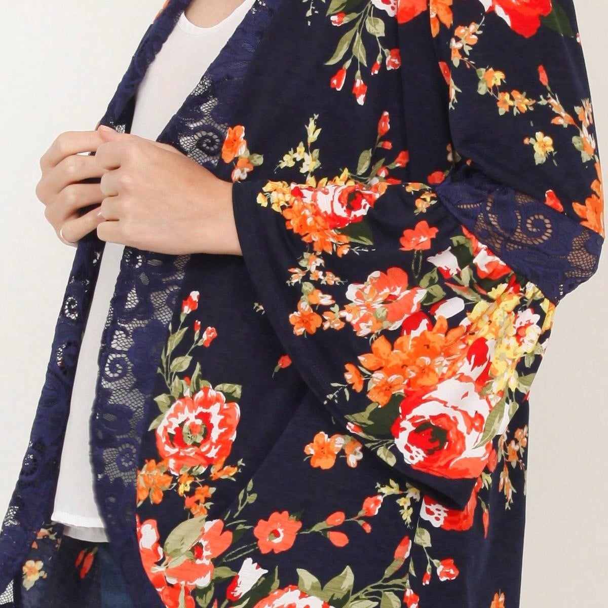 Boho Retro Navy Orange Floral Lace Bell Sleeve Light Weight Slouch Kimono Cardigan Cover Up