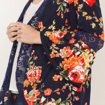 Boho Retro Navy Orange Floral Lace Bell Sleeve Light Weight Slouch Kimono Cardigan Cover Up