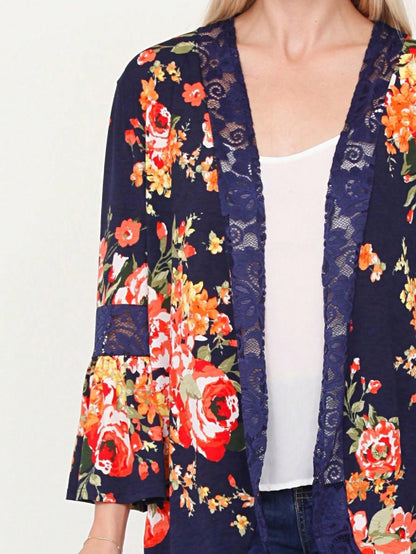 Boho Retro Navy Orange Floral Lace Bell Sleeve Light Weight Slouch Kimono Cardigan Cover Up
