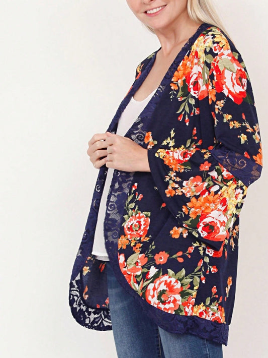 Boho Retro Navy Orange Floral Lace Bell Sleeve Light Weight Slouch Kimono Cardigan Cover Up