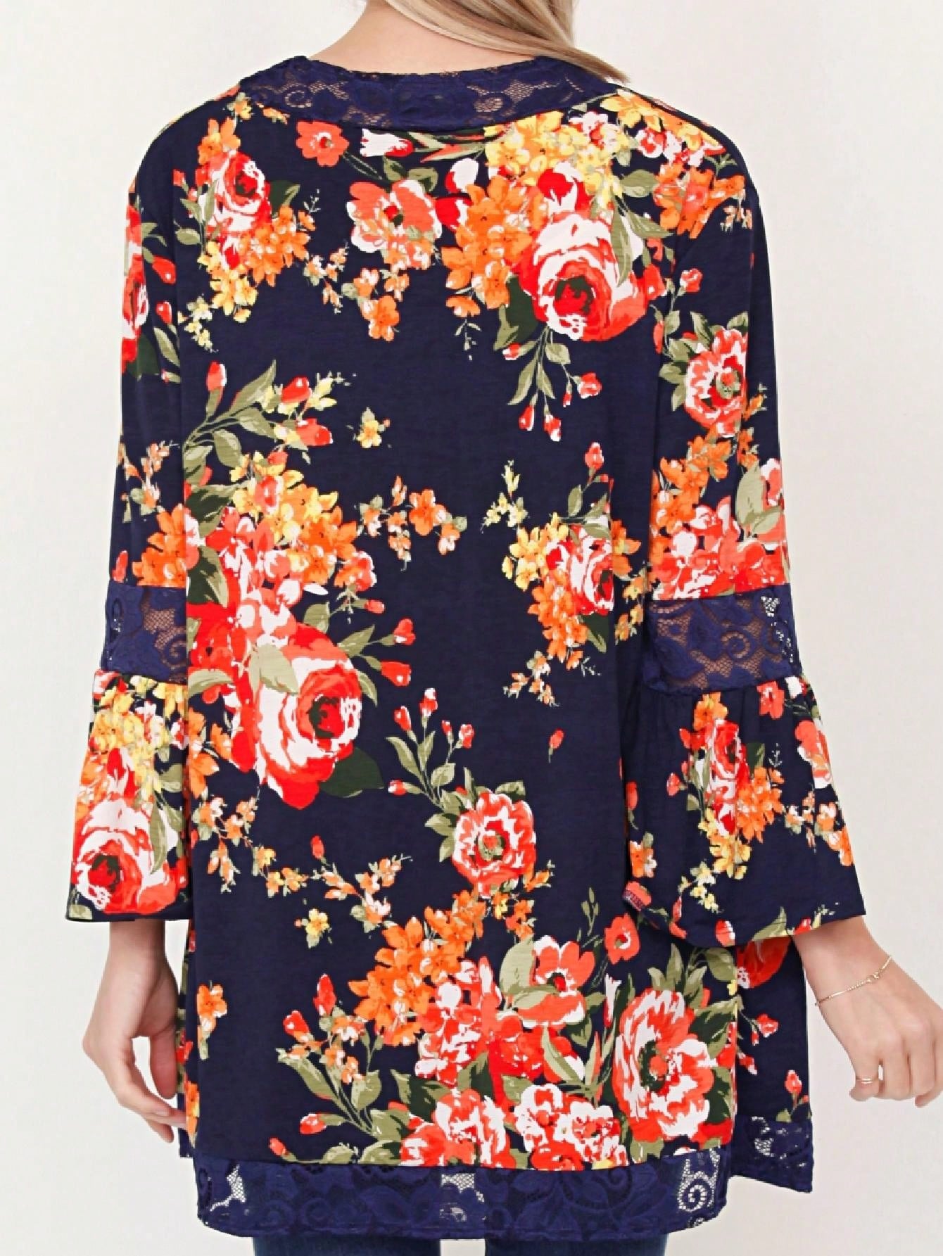 Boho Retro Navy Orange Floral Lace Bell Sleeve Light Weight Slouch Kimono Cardigan Cover Up
