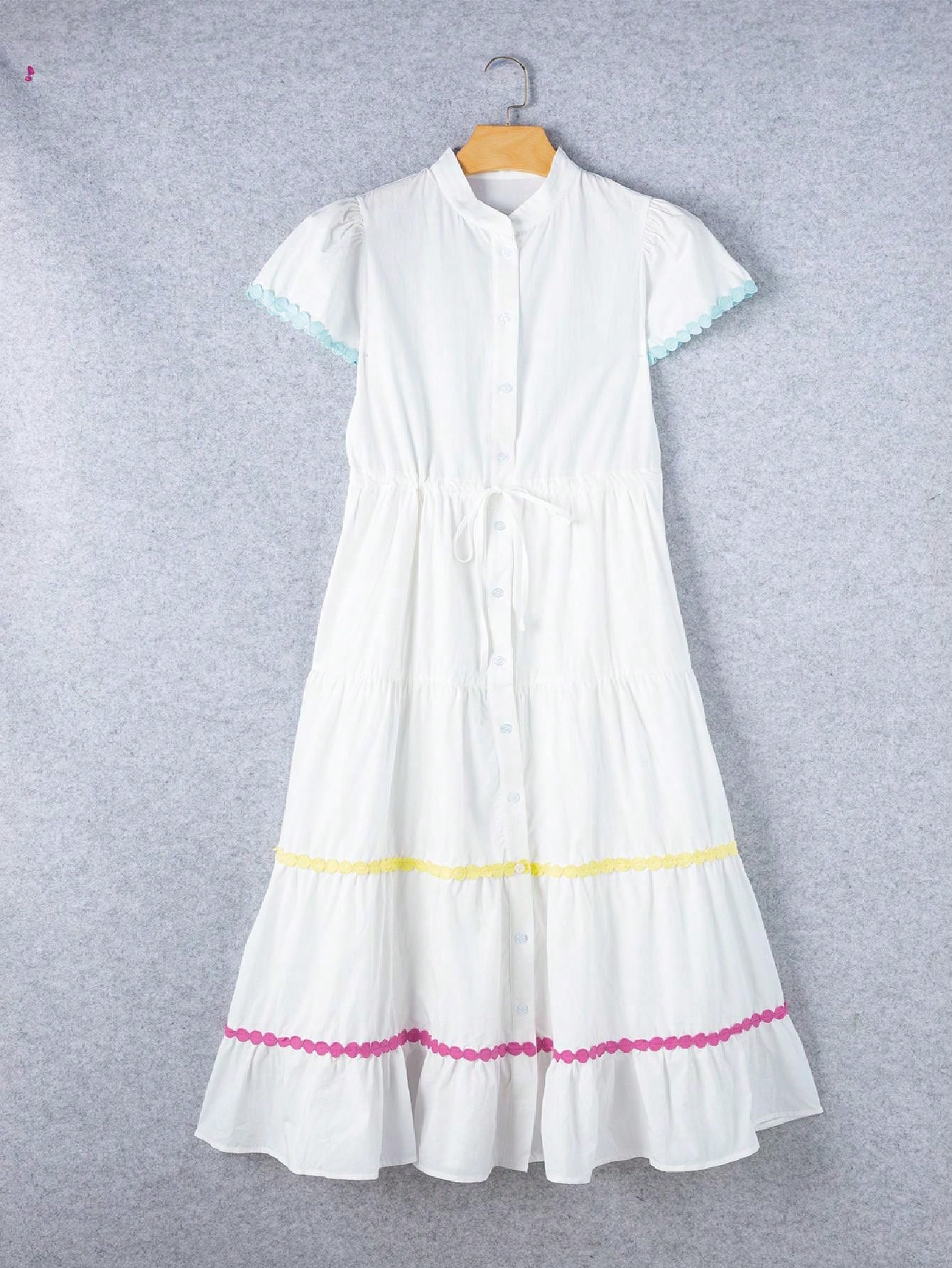 Boho Vacation Cotton Wavy White Elegant Tiered Maxi Long Shirt  Dress With Drawstring  Versatile Summer Dress For Women