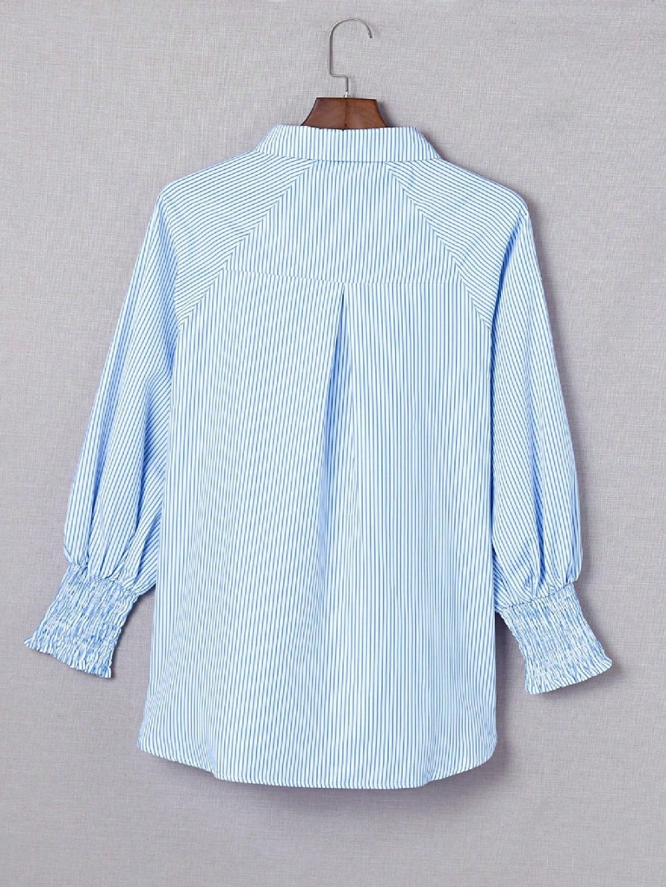 Boho Retro Blue Black Pin Stripe Shirred Scrunched Up Cuff Sleeve Light Weight Overs Sized Button Down Shirt Tunic Blouse