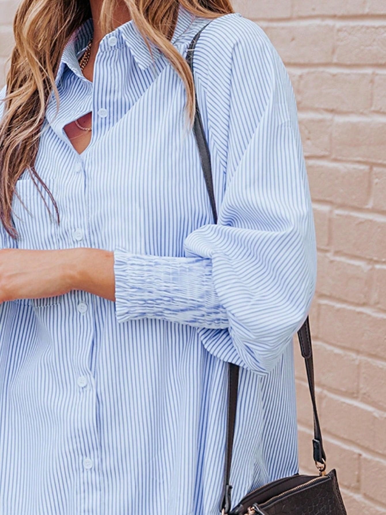 Boho Retro Blue Black Pin Stripe Shirred Scrunched Up Cuff Sleeve Light Weight Overs Sized Button Down Shirt Tunic Blouse