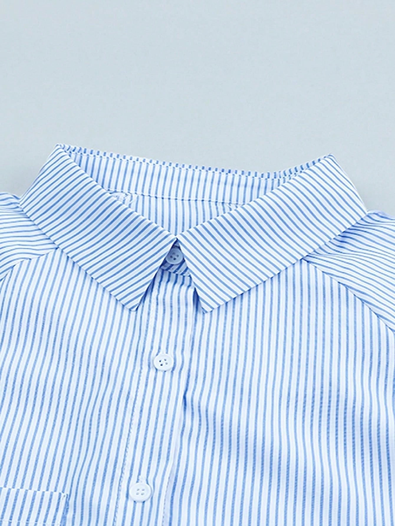 Boho Retro Blue Black Pin Stripe Shirred Scrunched Up Cuff Sleeve Light Weight Overs Sized Button Down Shirt Tunic Blouse