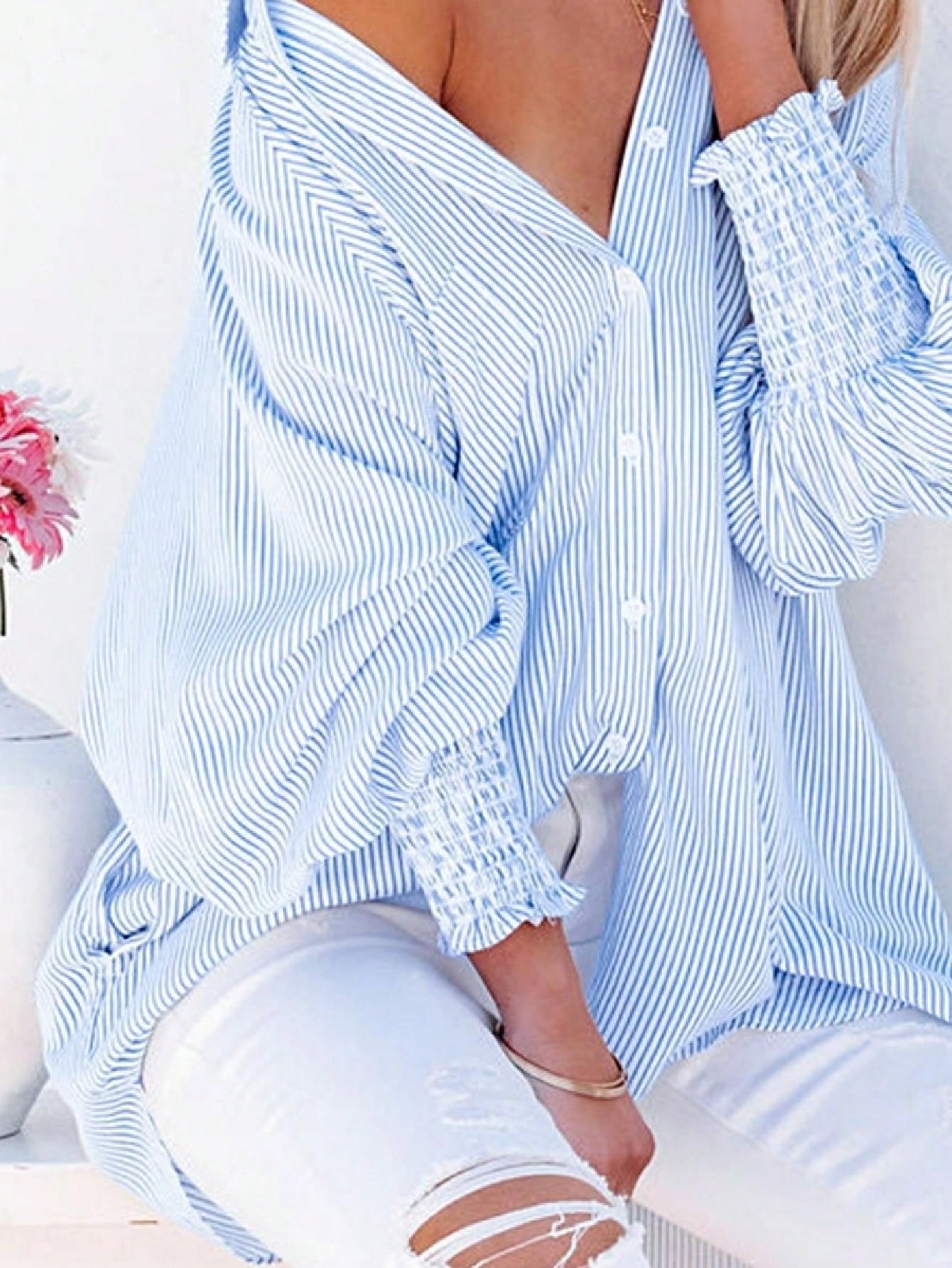 Boho Retro Blue Black Pin Stripe Shirred Scrunched Up Cuff Sleeve Light Weight Overs Sized Button Down Shirt Tunic Blouse
