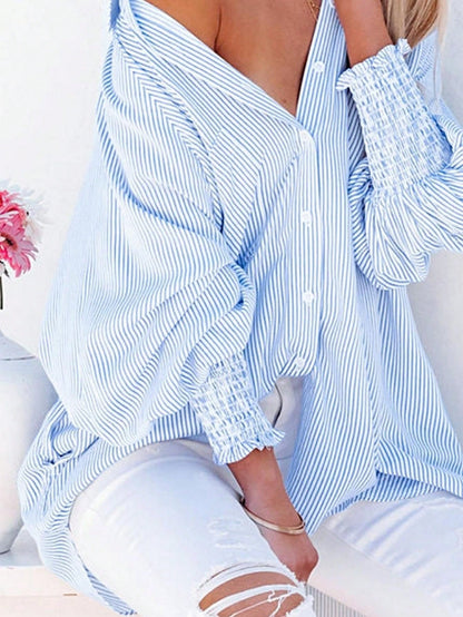 Boho Retro Blue Black Pin Stripe Shirred Scrunched Up Cuff Sleeve Light Weight Overs Sized Button Down Shirt Tunic Blouse