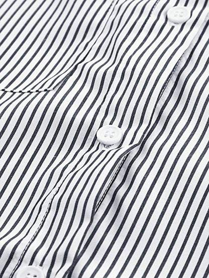 Boho Retro Blue Black Pin Stripe Shirred Scrunched Up Cuff Sleeve Light Weight Overs Sized Button Down Shirt Tunic Blouse