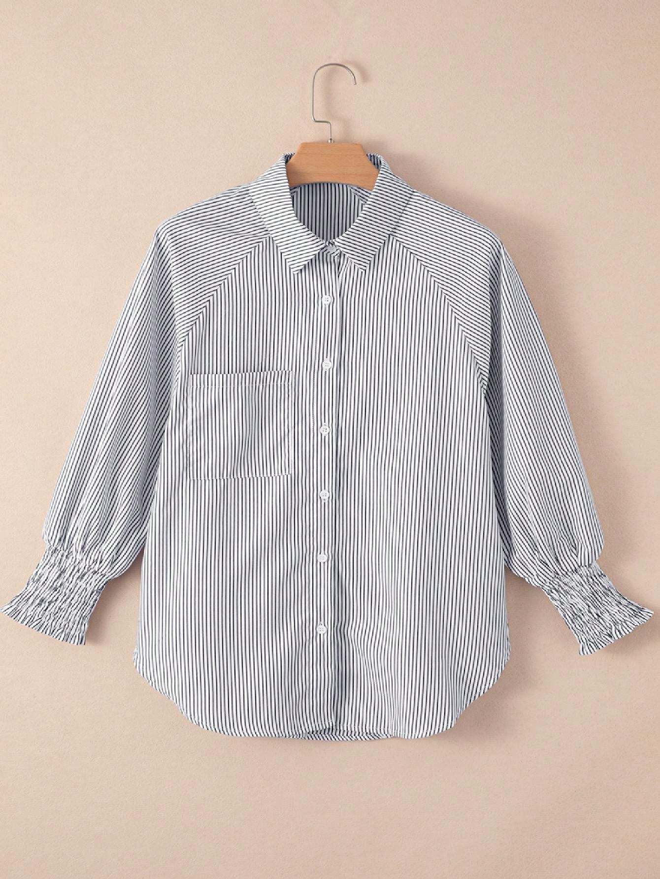Boho Retro Blue Black Pin Stripe Shirred Scrunched Up Cuff Sleeve Light Weight Overs Sized Button Down Shirt Tunic Blouse