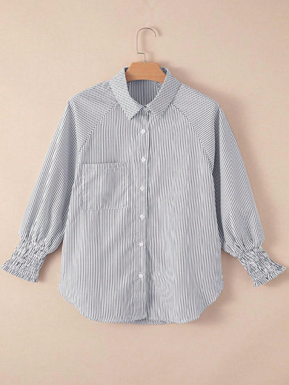 Boho Retro Blue Black Pin Stripe Shirred Scrunched Up Cuff Sleeve Light Weight Overs Sized Button Down Shirt Tunic Blouse