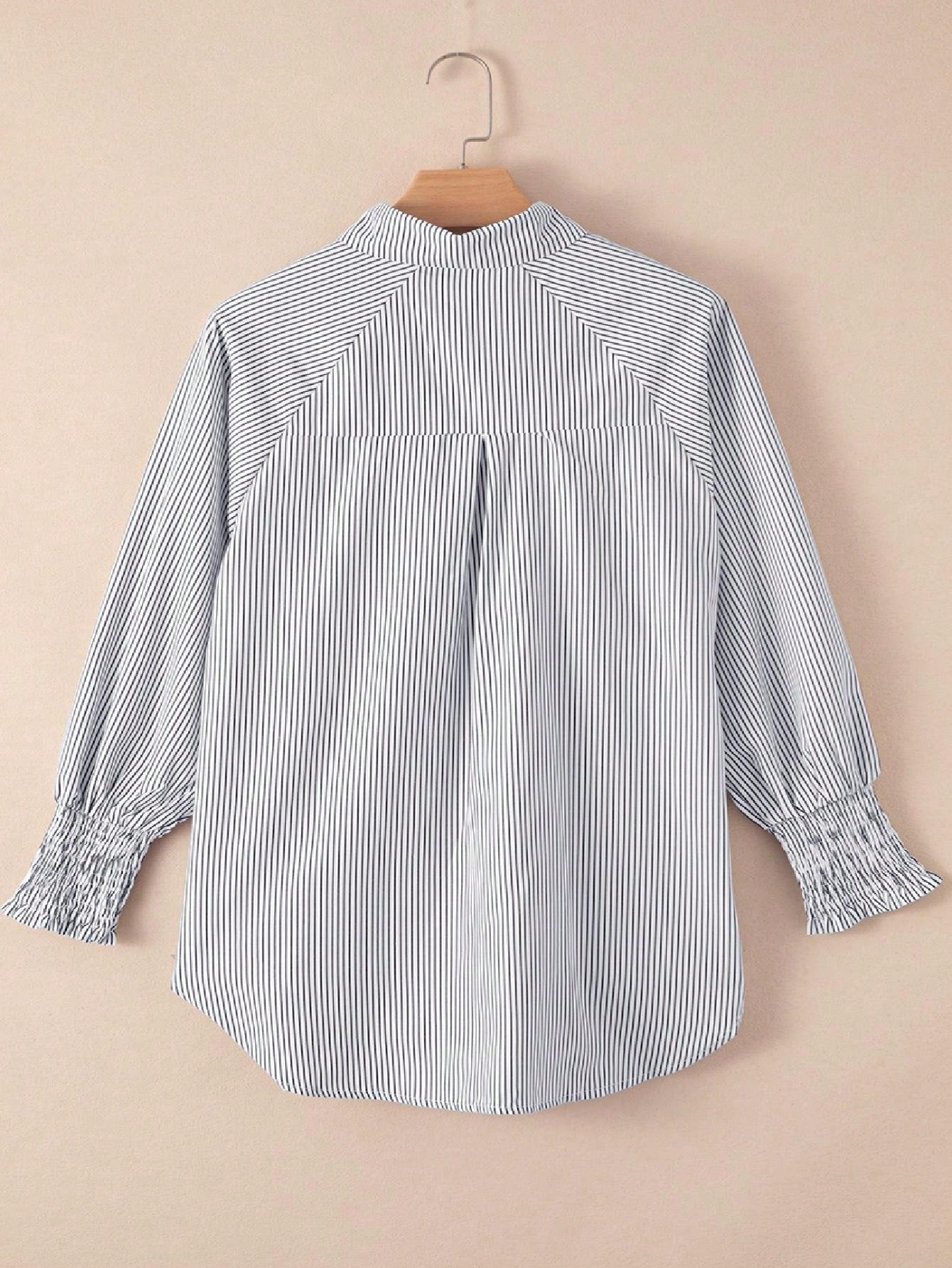Boho Retro Blue Black Pin Stripe Shirred Scrunched Up Cuff Sleeve Light Weight Overs Sized Button Down Shirt Tunic Blouse