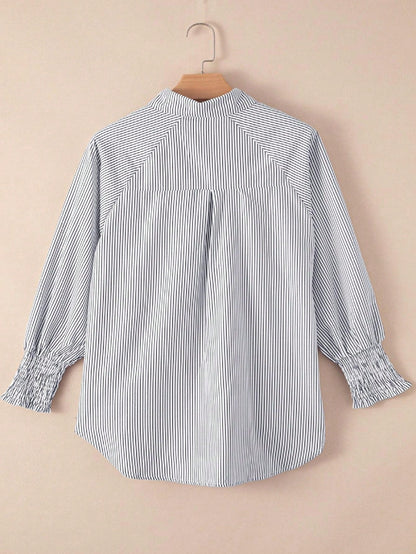 Boho Retro Blue Black Pin Stripe Shirred Scrunched Up Cuff Sleeve Light Weight Overs Sized Button Down Shirt Tunic Blouse
