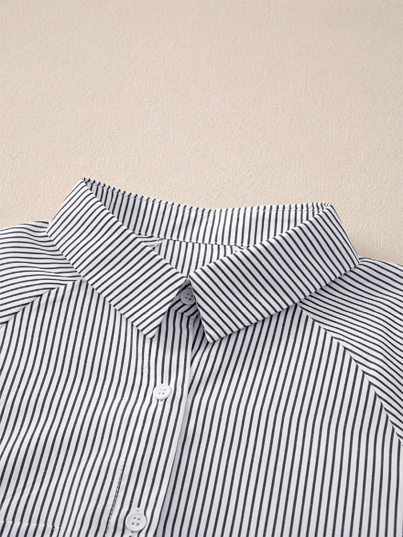 Boho Retro Blue Black Pin Stripe Shirred Scrunched Up Cuff Sleeve Light Weight Overs Sized Button Down Shirt Tunic Blouse