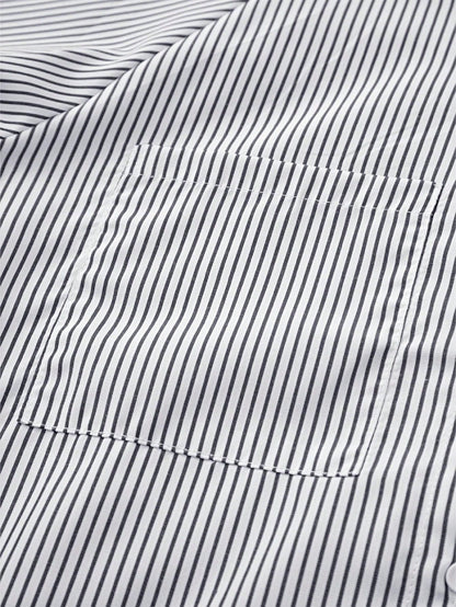 Boho Retro Blue Black Pin Stripe Shirred Scrunched Up Cuff Sleeve Light Weight Overs Sized Button Down Shirt Tunic Blouse