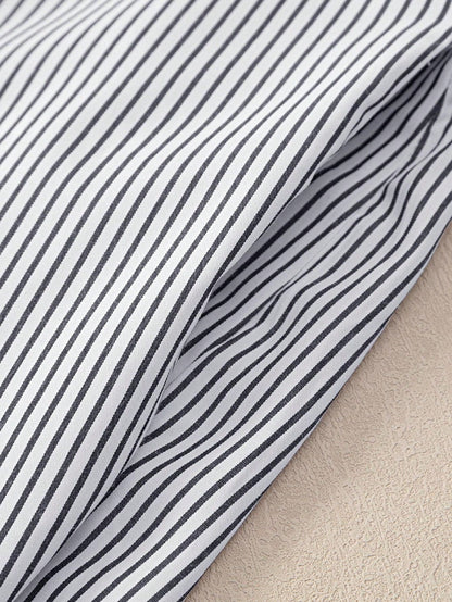 Boho Retro Blue Black Pin Stripe Shirred Scrunched Up Cuff Sleeve Light Weight Overs Sized Button Down Shirt Tunic Blouse
