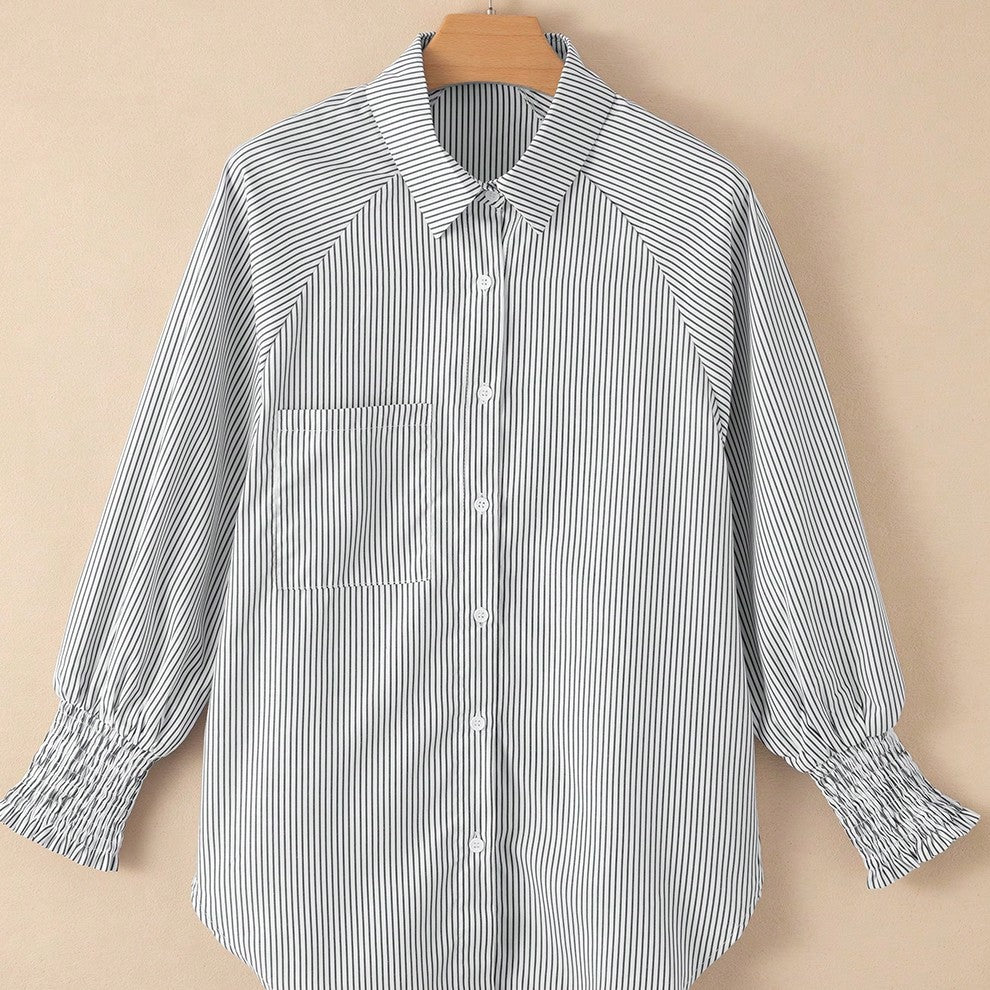 Boho Retro Blue Black Pin Stripe Shirred Scrunched Up Cuff Sleeve Light Weight Overs Sized Button Down Shirt Tunic Blouse