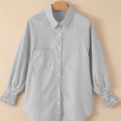 Boho Retro Blue Black Pin Stripe Shirred Scrunched Up Cuff Sleeve Light Weight Overs Sized Button Down Shirt Tunic Blouse