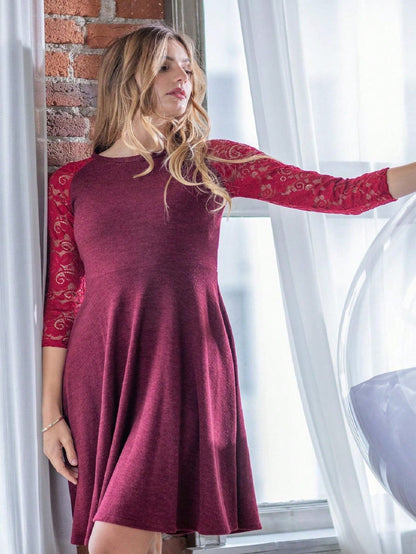 Boho Retro Burgundy  Red Lace Fit And Flare Three-Quarter Sleeve Lace