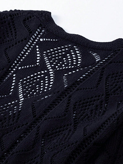 Boho Retro Cotton Mix Crochet Knit Hollow Light Weight Button Front Side Slit Long Cardigan