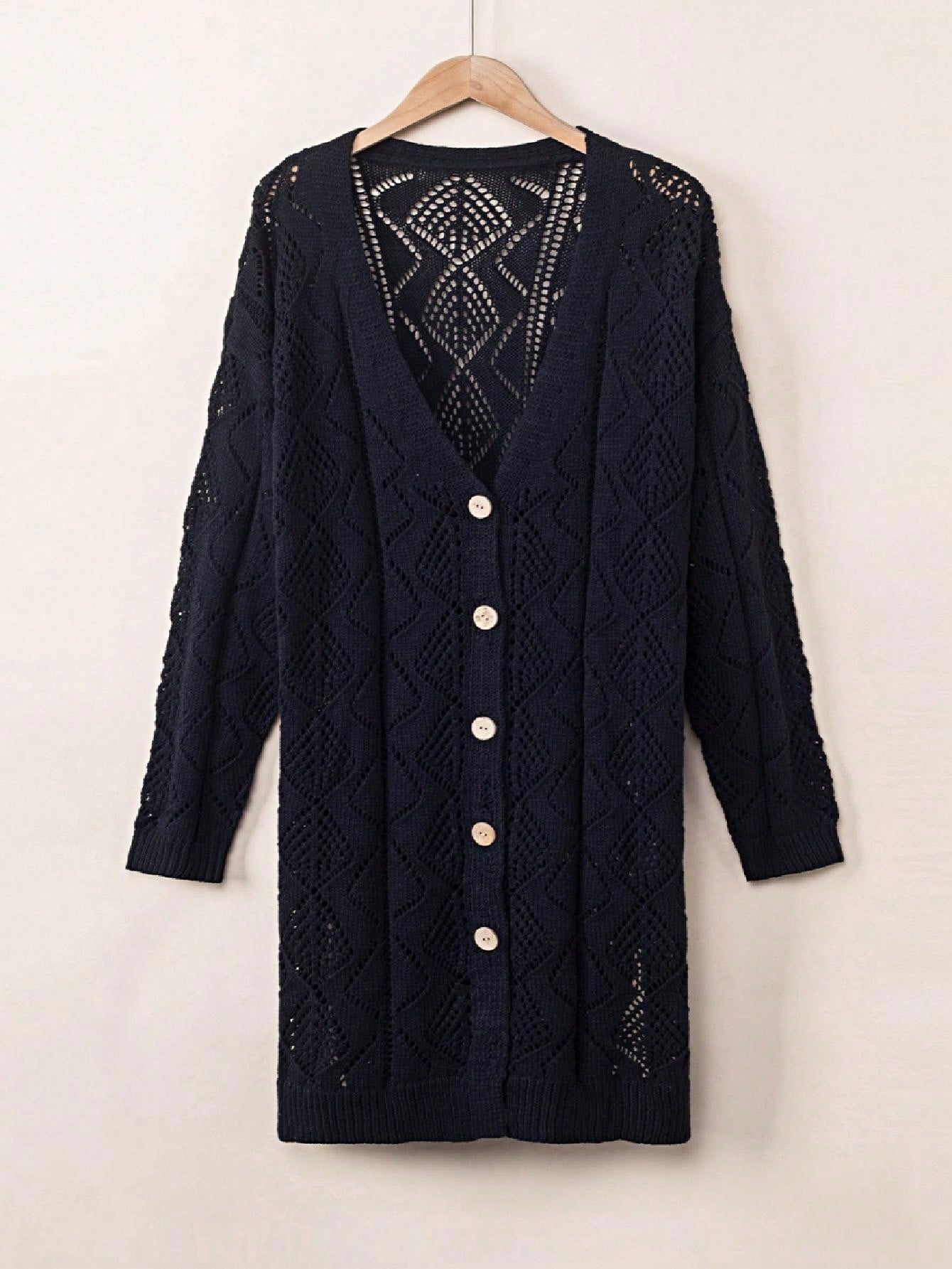 Boho Retro Cotton Mix Crochet Knit Hollow Light Weight Button Front Side Slit Long Cardigan