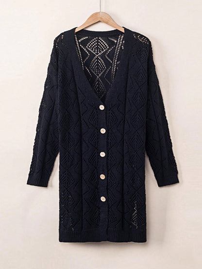 Boho Retro Cotton Mix Crochet Knit Hollow Light Weight Button Front Side Slit Long Cardigan