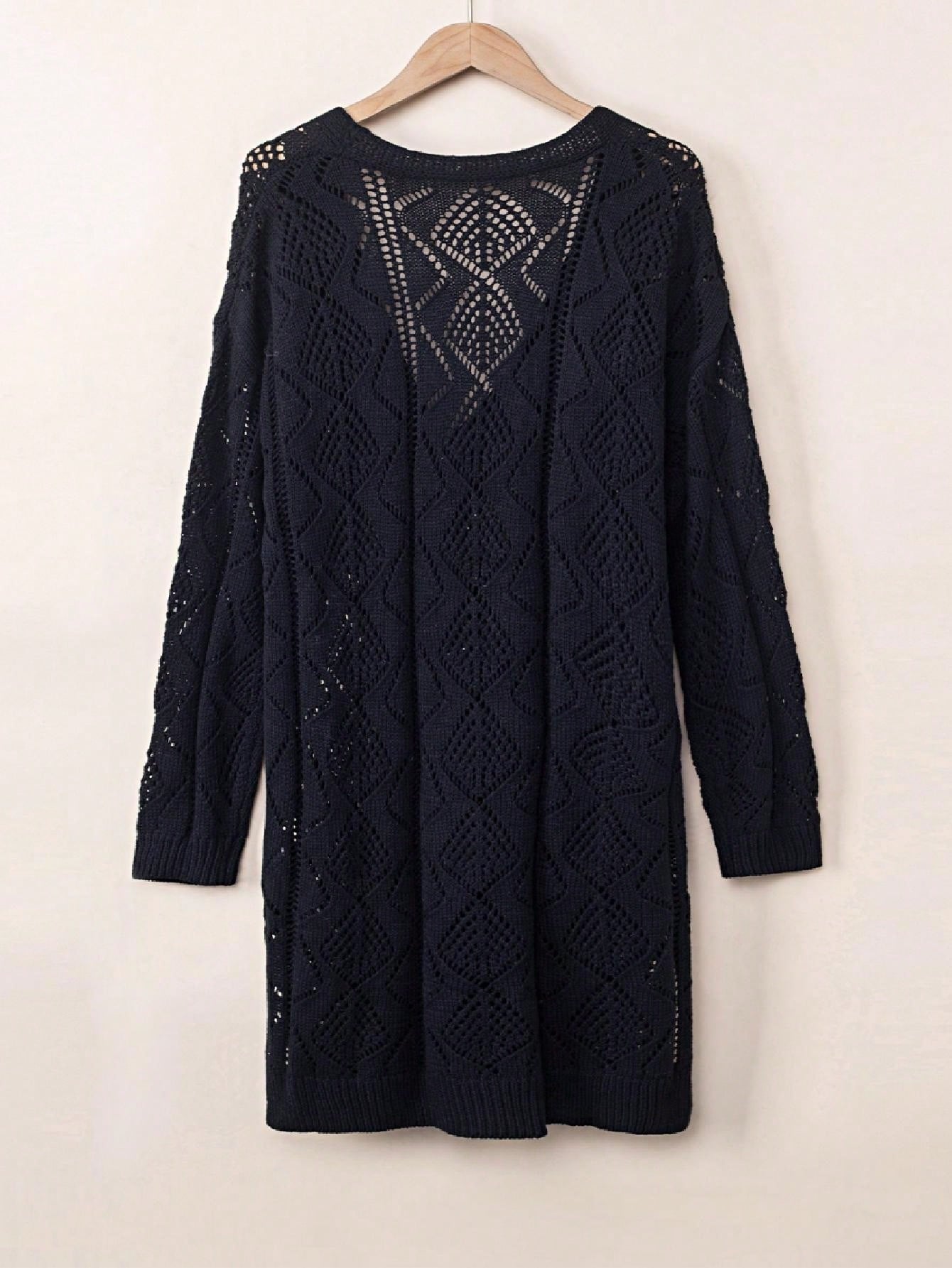 Boho Retro Cotton Mix Crochet Knit Hollow Light Weight Button Front Side Slit Long Cardigan