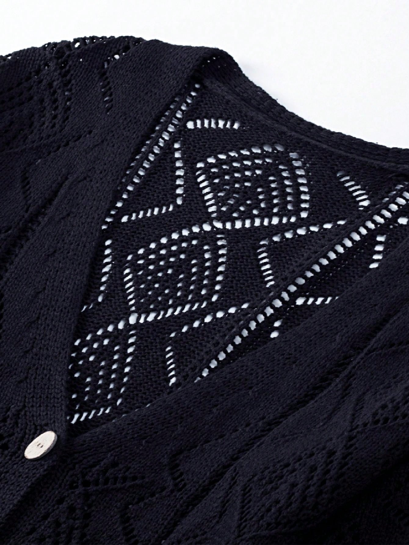Boho Retro Cotton Mix Crochet Knit Hollow Light Weight Button Front Side Slit Long Cardigan