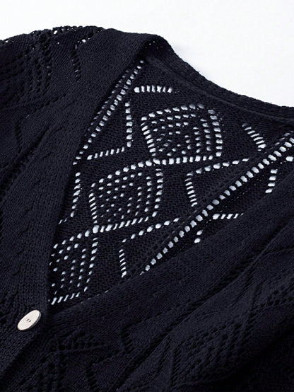 Boho Retro Cotton Mix Crochet Knit Hollow Light Weight Button Front Side Slit Long Cardigan