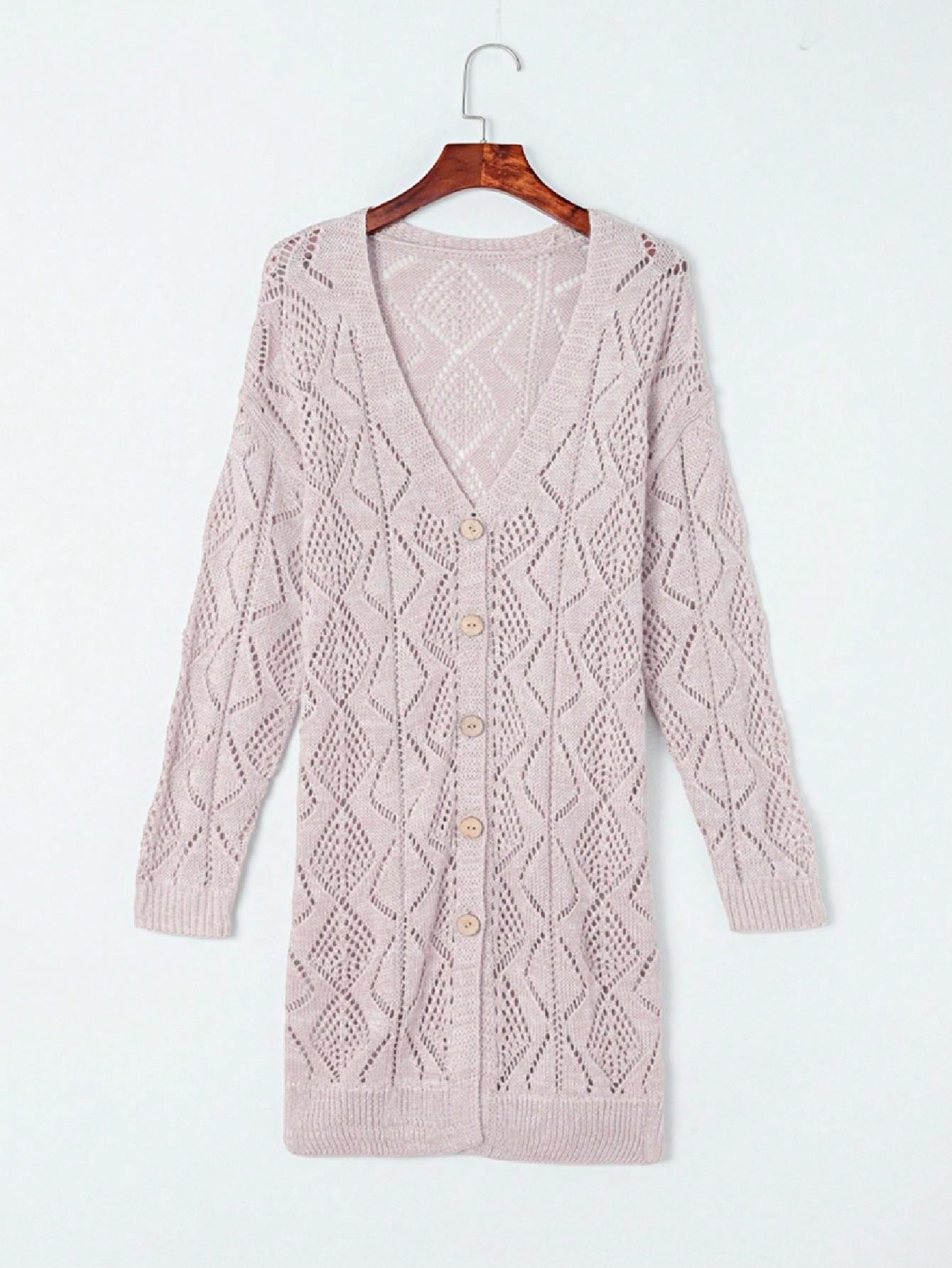 Boho Retro Cotton Mix Crochet Knit Hollow Light Weight Button Front Side Slit Long Cardigan