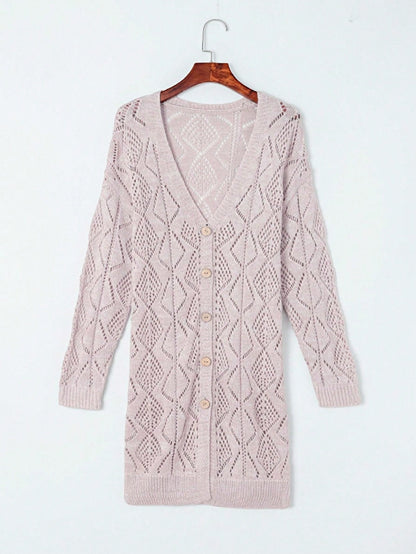 Boho Retro Cotton Mix Crochet Knit Hollow Light Weight Button Front Side Slit Long Cardigan