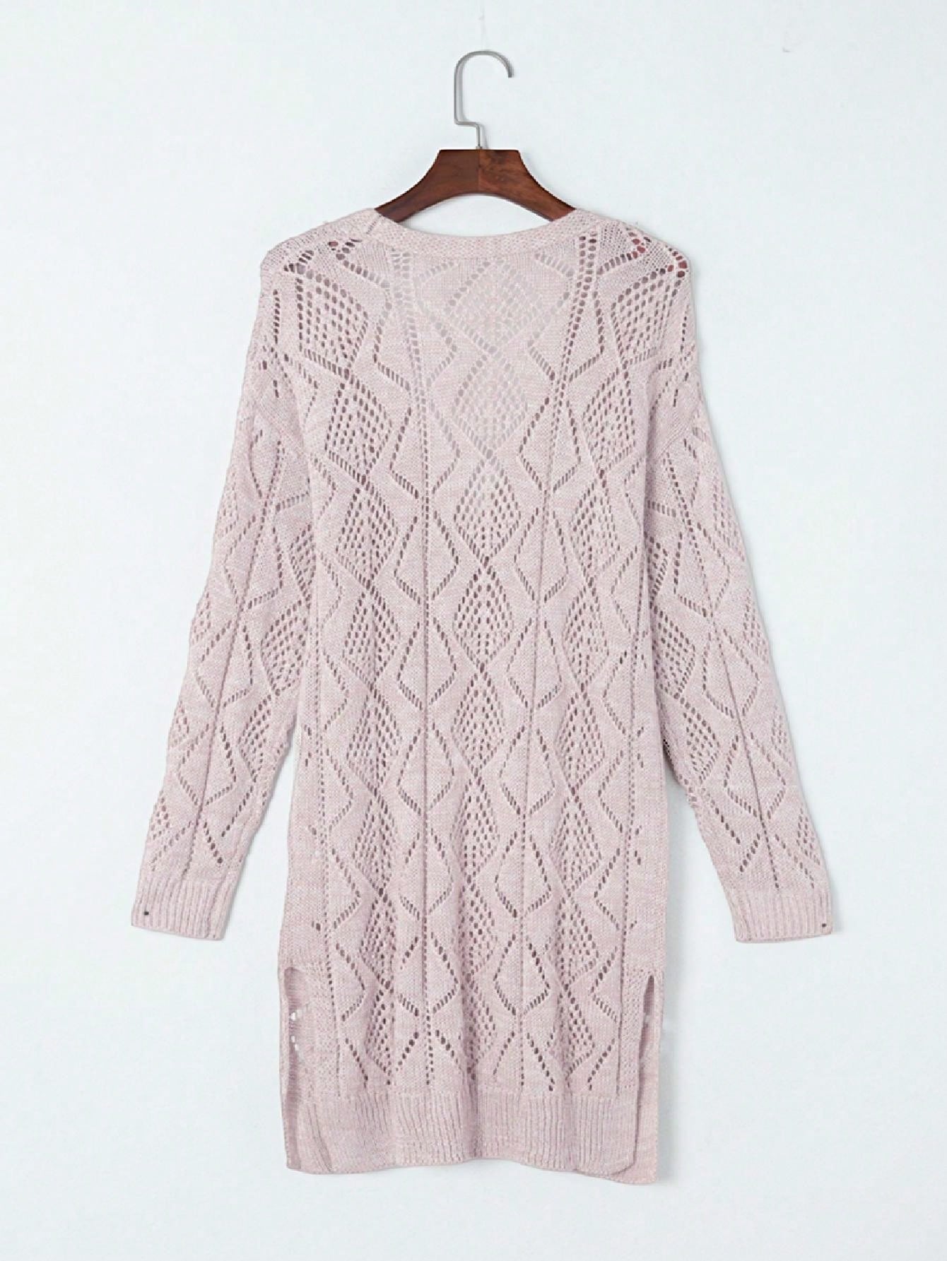 Boho Retro Cotton Mix Crochet Knit Hollow Light Weight Button Front Side Slit Long Cardigan