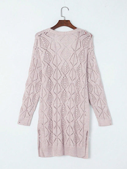 Boho Retro Cotton Mix Crochet Knit Hollow Light Weight Button Front Side Slit Long Cardigan