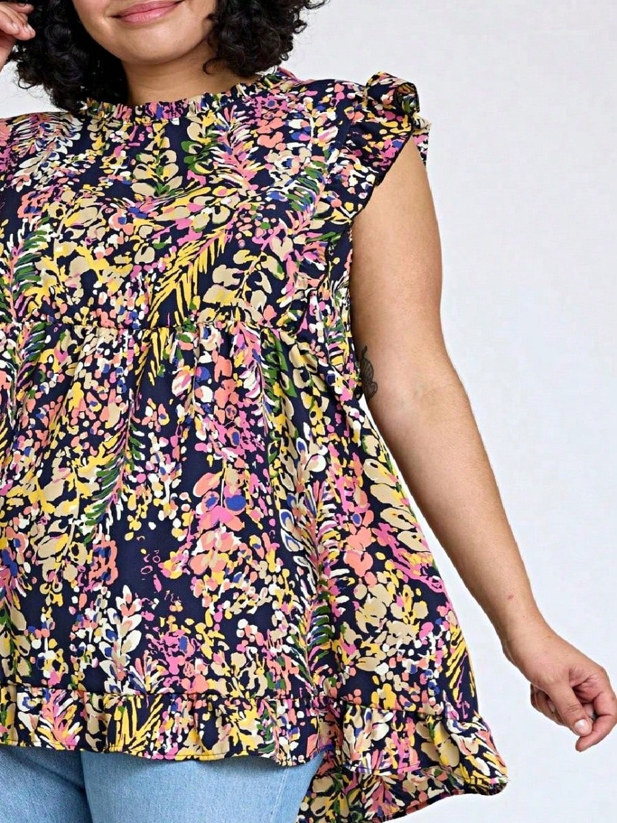 Summer/Spring Vine  Floral Ruffle Sleeve Festive Foliage Tunic Dress Breathable Shirt  Top, Small To Plus Extended Size